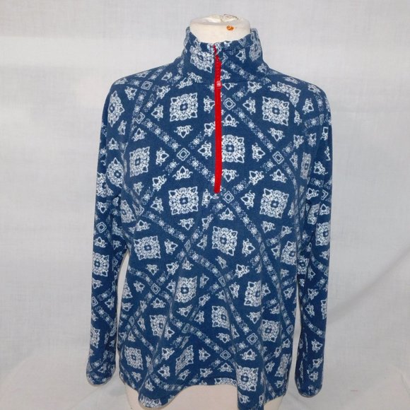 Eddie Bauer PL Petite LP Large Quest 1/4 Zip Pullover Blue White Print Fleece - Picture 1 of 7